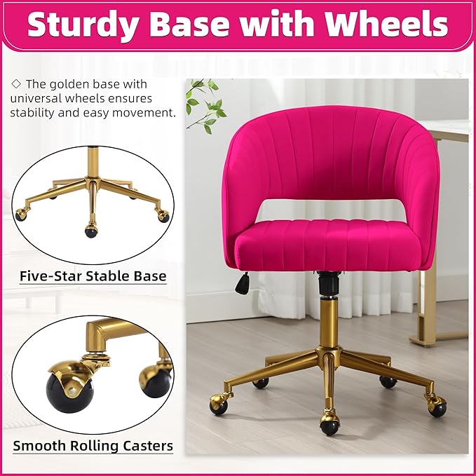 ABET Desk Chair with Wheels, Velvet Home Office Chair, Swivel Armchair Gold Base, Upholstered Modern Accent Chairs, Back Incline Adjustable for Living Room Bedroom Vanity, Hot Pink