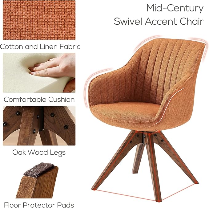 Art Leon Desk Chair No Wheels, Mid Century Modern Office Chair, Swivel Accent Chair with Oak Wood Legs, Fabric Upholstered Arm Chair, Caramel