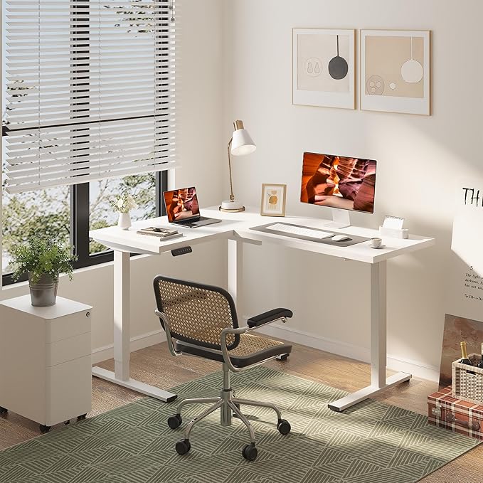 L-Shaped Standing Desk, 63 x 47 Inches Height Adjustable Desk, Sit and Stand up for Work Office Home, Ergonomic Rising Computer Table for Home Office with Splice Board, White