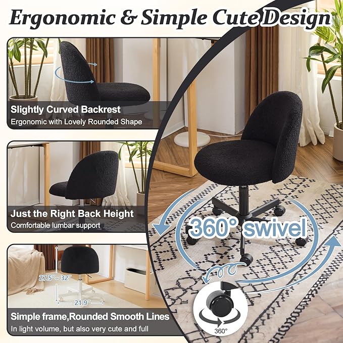 VINGLI Cute Candy Chair Armless Comfy Small Office Desk Vanity Chair with Wheels & Lumbar Support,Teddy Adjustable Rolling Swivel Computer Task Ch for Home Office,Bedroom,Black