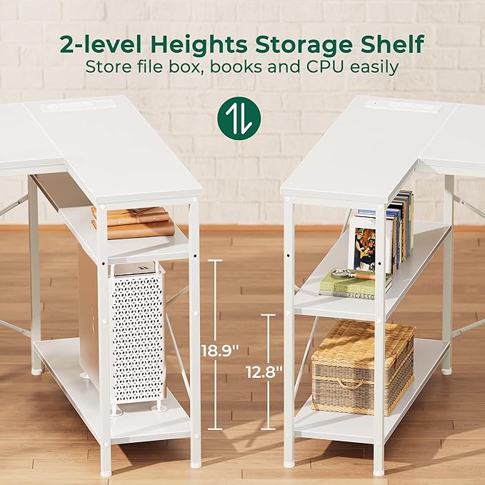 Huuger L Shaped Office Desk with Power Outlets, 55 Inch Computer Desk with 3 Drawers, Shelves, Reverisble for Gaming Corner Work Home Office Study, White