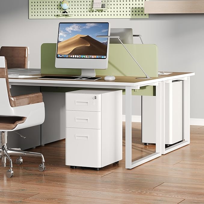 DEVAISE 3-Drawer File Cabinet, White Locking File Cabinet on Wheels, Fully Assembled Mobile Filing Cabinet for Office, 17.7" D x 11.8" W x 22.8" H