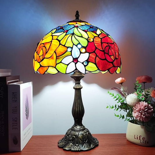 Tiffany Style Table Lamp Rose Flower Pattern Stained Glass Lamp 12X12X19 Inch 3-Way Antique Light for Nightstand Bedroom Living Room Home Office