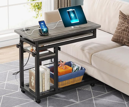 Tribesigns Small Portable Desk with Power Outlet, Height Adjustable Sofa Couch Bedside Laptop Table with Wheels, Mobile Standing Desk Rolling Computer Cart C Side Table with USB Ports