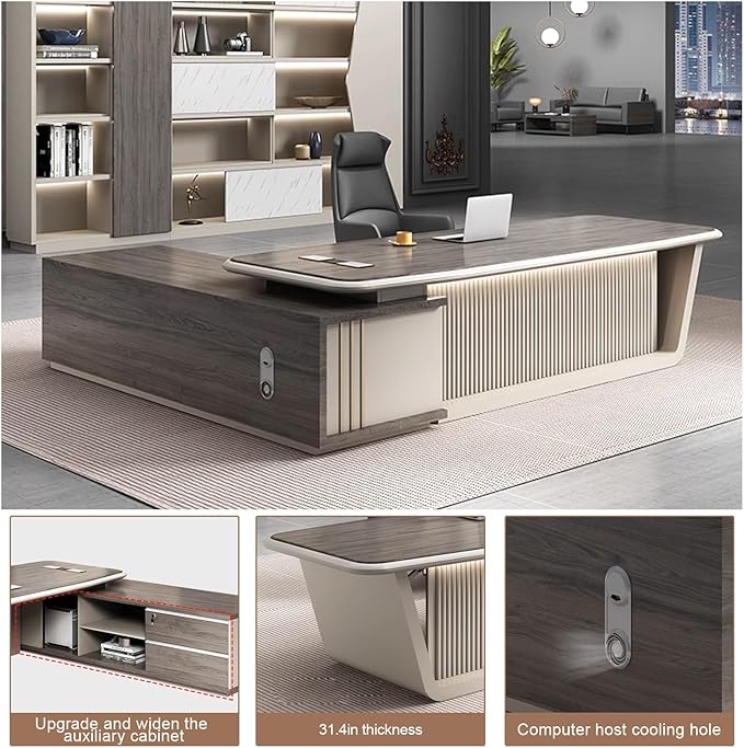 86IN Executive Office Desk - Executive Desk with 2 Drawers & Open Storage Space & Computer Host Position | Supporting Slant Leg & Decorative LED Light Strip, Fence Baffle Design