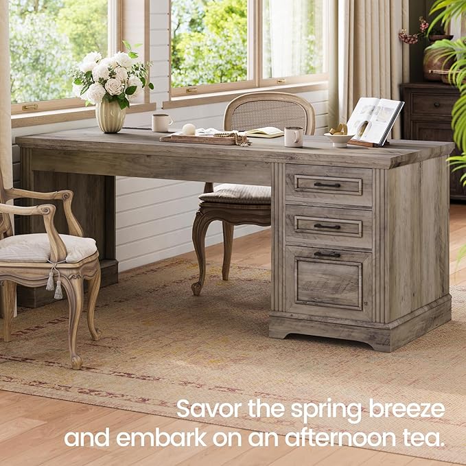 Itaar Farmhouse 55" Executive Desk, Computer Desk with Storage Drawers and Power Outlet, Home Office Desk, Workstation for Office Home, Grey