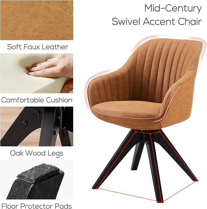 Art Leon Office Chair No Wheels, Mid Century Modern Desk Chair, Swivel Accent Chair with Oak Wood Legs, Faux Leather Upholstered Armchair for Desk, Brown