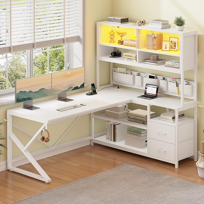SEDETA L Shaped Gaming Desk, Home Office Computer Desk with 2 Drawer and Bookshelf, L Shaped Gaming Corner Desk with LED Light, Glass Cabinet,Storage Bag and Storage Shelves, White