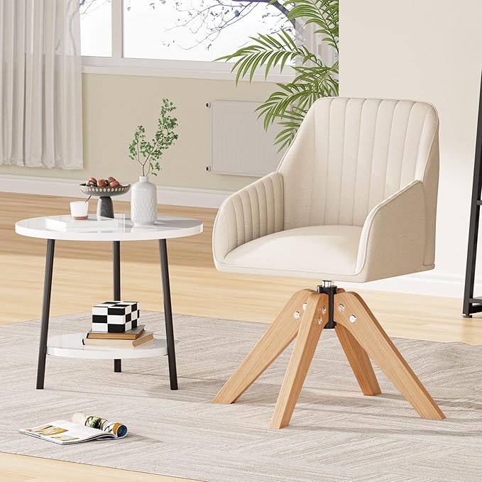 Furniliving Mid Century Modern Swivel Accent Chair for Living Room, Wood Desk Chair with Arms Mid Back Arm Chairs Upholstered Vanity Chair No Wheels for Home Office/Bedroom, Faux Linen Beige