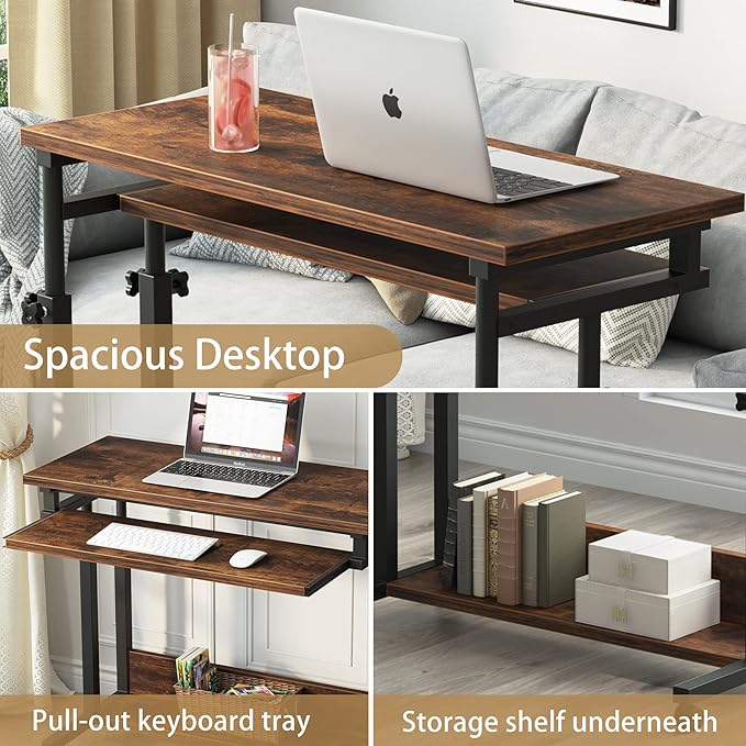 Tribesigns Portable Desk for Sofa and Bed, Height Adjustable Laptop Table Small Standing Desk Rolling Computer Cart with Keyboard Tray on Wheels for Home Office
