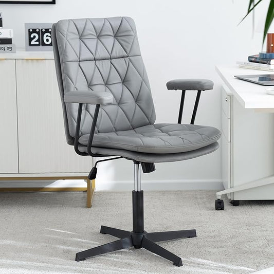 Home Desk Chair No Wheels with Arms Crossleg Stationary Ergonomic Office Swivel Working Computer Chair Grey