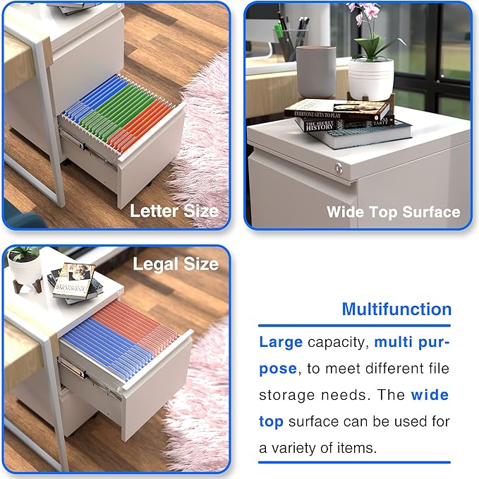 METAN 2 Drawer File Cabinet with Lock, Mobile Under Desk Filing Cabinet for Office Legal/Letter Size, Fully Assembled Except Wheels,White