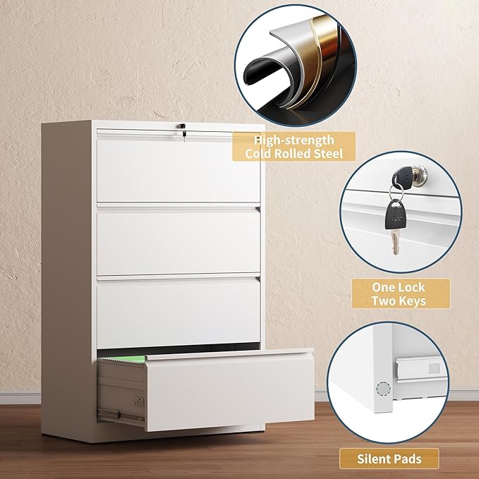 4 Drawer File Cabinet with Lock, Lateral Filing Cabinets,Metal Storage Filing Cabinets for Home Office, Heavy Duty File Cabinet for Letter/Legal/A4/F4 Size Amssebly Required, White