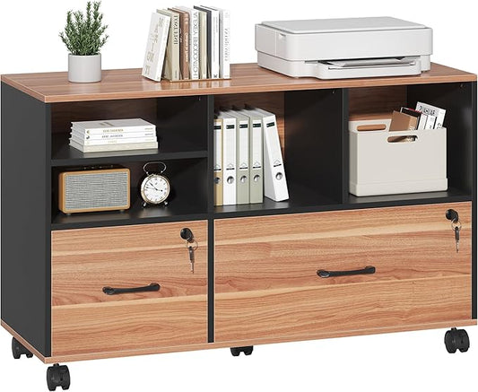 Semoic 2 Drawer File Cabinet for Home Office, Lockable Rolling Filing Cabinet with Adjustable Shelves, Wood Lateral File Cabinet with Lock, Printer Stand Office Storage Cabinet, Rustic Brown & Black