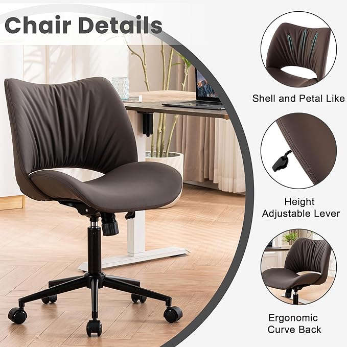 Rowill Armless Office Desk Chair, Ergonomic PU Leather Modern Task Chair with Back Adjustable Height, 360° Swivel Vanity Chairs with Wheels for Small Space, Home Office, Bedroom, Brown