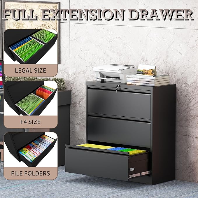 3 Drawer Lateral File Cabinet with Lock, Metal File Cabinet, Lateral File Cabinets for Home Office, Heavy Duty File Storage Cabinet for Legal/Letter/A4 Document, Assembly Required, Black