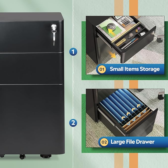 DEVAISE 3-Drawer Slim File Cabinet, Vertical Filing Cabinet, Fully Assembled Except Casters, Black