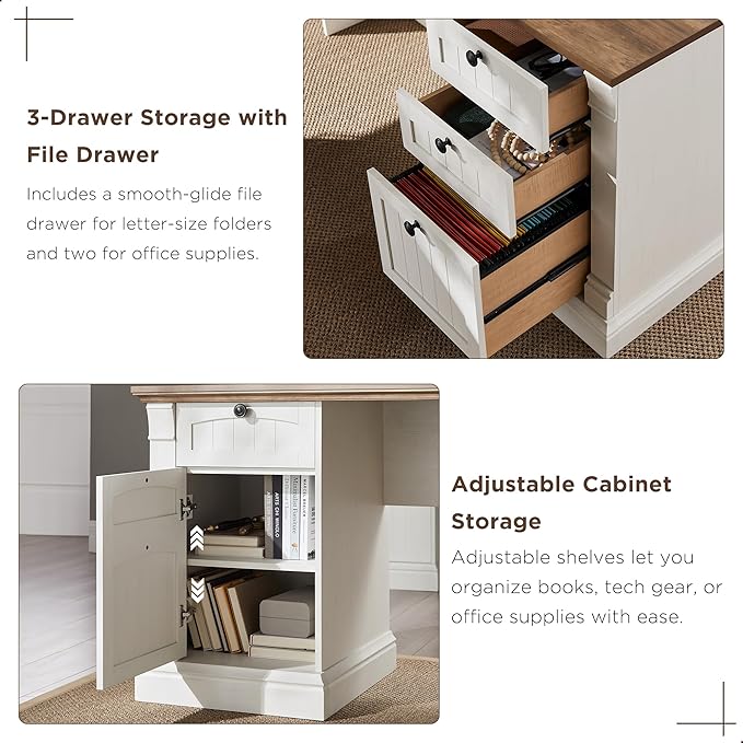 OKD 60" L Shaped Executive Desk with Drawers, Farmhouse Home Office Desk with Charging Station, File Cabinet Storage, Wood Corner Computer Desk for Work and Study, Antique White