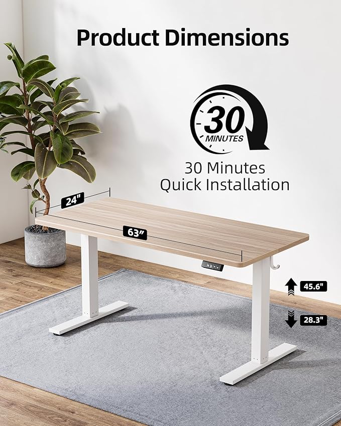 TIQLAB Electric Standing Desk, Adjustable Height Stand up Desk, 63 * 24 Inches Sit Stand Home Office Table with Splice Board, Light Walnut