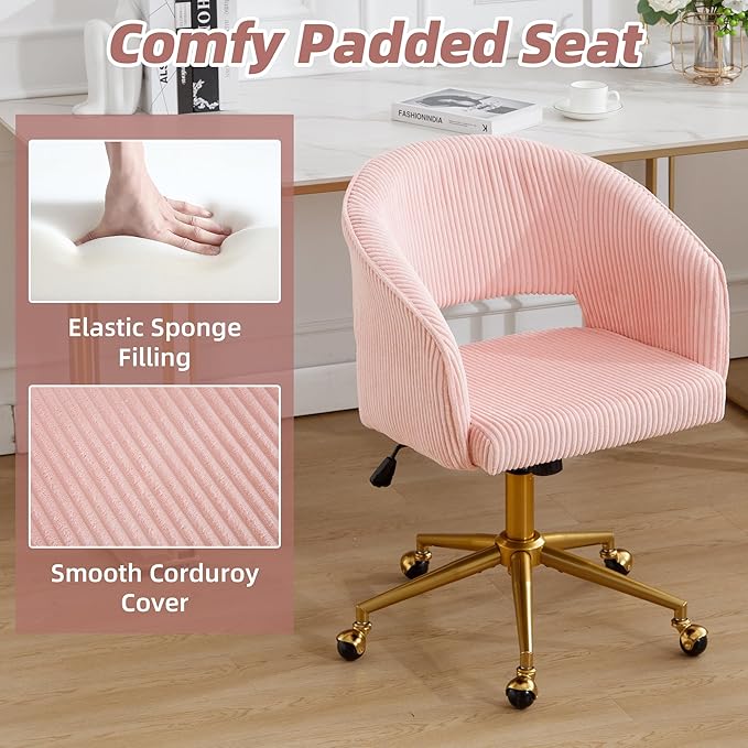 ABET Desk Chair with Wheels, Corduroy Home Office Chair, Swivel Armchair Gold Base, Upholstered Modern Accent Chairs, Back Incline Adjustable for Living Room Bedroom Vanity, Pink
