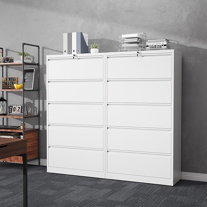 5 Drawer File Cabinet with Lock, Lateral Filing Cabinets,Metal Storage Filing Cabinets for Home Office, Heavy Duty File Cabinet for Letter/Legal/A4/F4 Size Amssebly Required, White
