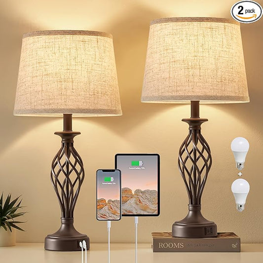 Table Lamp for Bedroom Set of 2 with USB C+A Ports - Modern Brown Bedside Lamps with Spiral Cage Base Fabric Shade - Nightstand Lamp for Living Room Reading Bed Side End Table 2 LED Bulbs Included