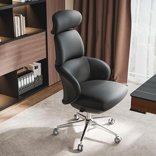EUREKA ERGONOMIC Royal Rowan Leather Desk Chair, Microfiber PU Leather Office Chair with Wheels and Headrest, High Back Office Chair, Executive Office Chair Comfy for Home & Office, Black