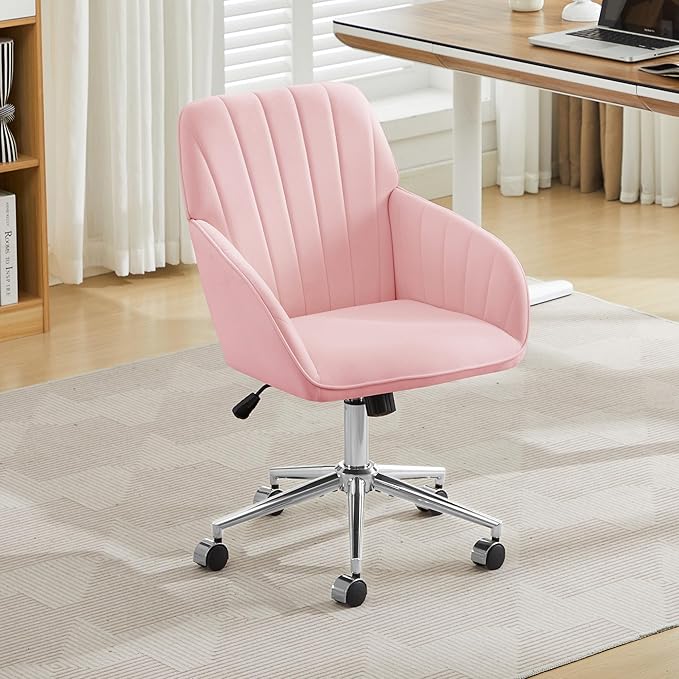 YISHENG Velvet Office Desk Chair with Silver Base, with Wheels,Modern Height Adjustable 360 Degree Swivel Upholstered Vanity Chairs with Arms for Living Room Bedroom,Pink