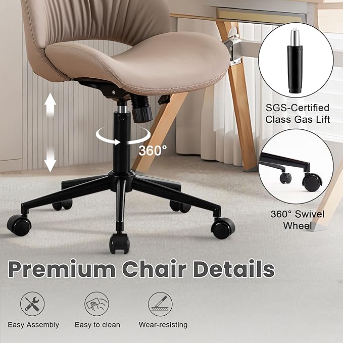 Rowill Armless Office Desk Chair, Ergonomic PU Leather Modern Task Chair with Back Adjustable Height, 360° Swivel Vanity Chairs with Wheels for Small Space, Home Office, Bedroom, Khaki