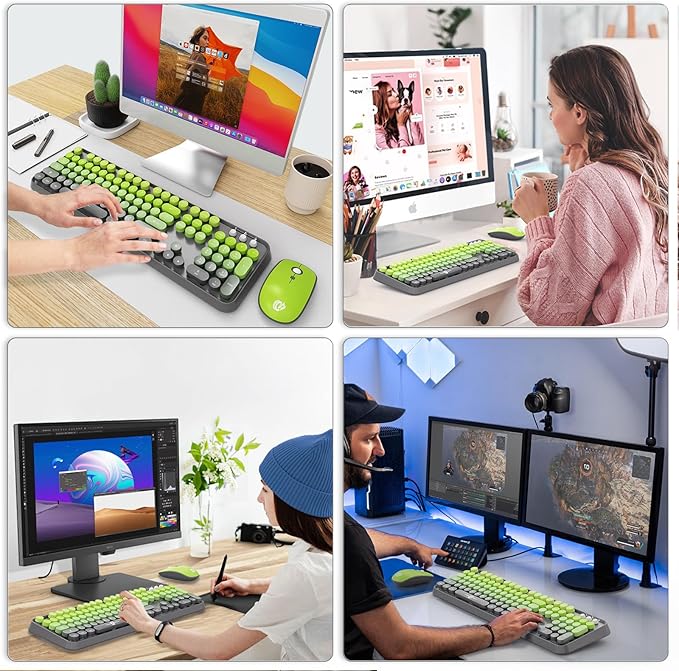 Wireless Keyboard and Mouse Combo | Cute Colorful Keyboard and Mouse with 2.4GHz Cordless Retro Typewriter Keyboard | Auto-Sleep | USB Receiver for Windows PC/Laptop - Grey Green Gradient