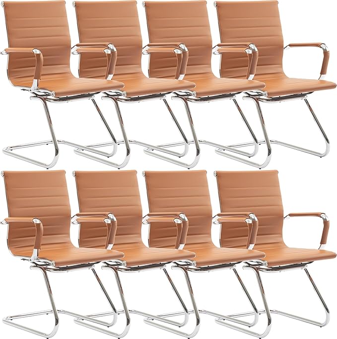 Wahson Office Guest Chairs Set of 8, Leather Reception Chairs, Mid Back Waiting Room Chair, Conference Chairs with Sled Base, Desk Chair No Wheels for Meeting/Lobby/Restroom, Terracotta