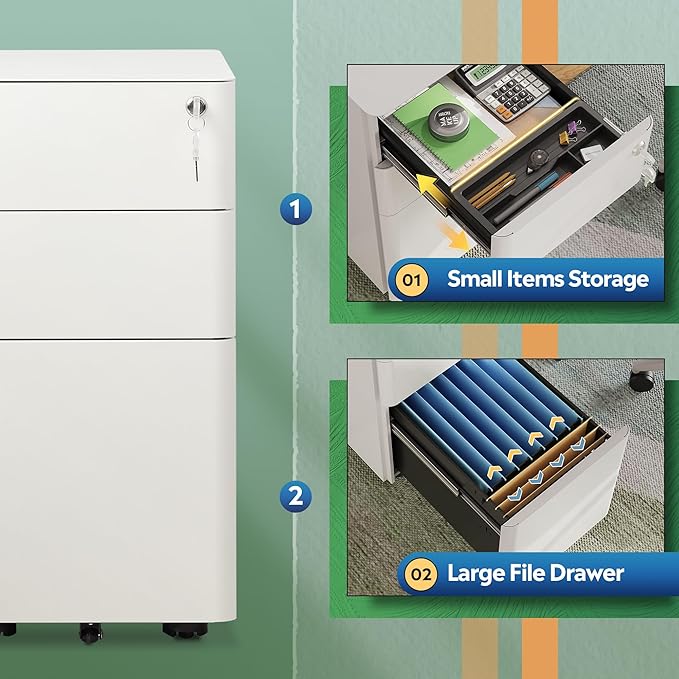 DEVAISE 3-Drawer Slim Vertical File Cabinet, Fully Assembled Except Casters, Legal/Letter Size, White