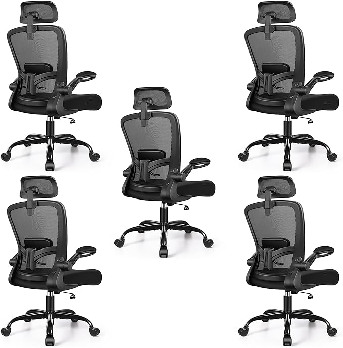 FelixKing Ergonomic Office Chair, Headrest Desk Chair with Adjustable Lumbar Support, Home Office Swivel Task Chair with High Back and Armrest, Adjustable Height Gaming Chair(Black),Pack of 5