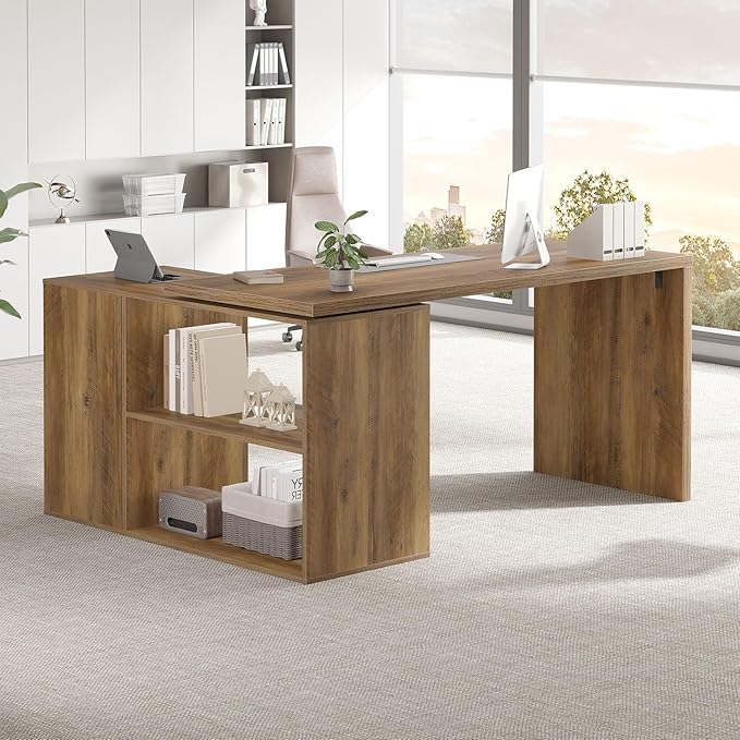 HSH 360 Rotating L Shaped Desk with Drawers, L Shape Computer Desk with Storage Cabinet Shelves, Rustic Home Office Desk for Executive Writing Study Work, Wood Table Swivel Desk, Rustic Oak, 55 Inch