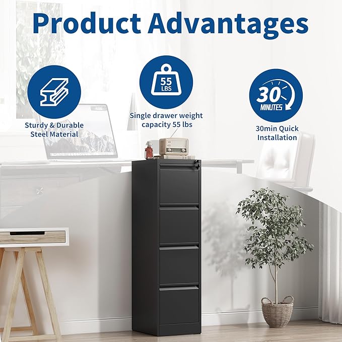 4-Drawer Locking Vertical File Cabinet, Metal Storage Cabinet for Office/Home – Secure Vertical Filing for Letter/Legal/A4/F4 Documents, Easy to Assemble Steel Cabinet (Black, 4 Drawer-52 H)