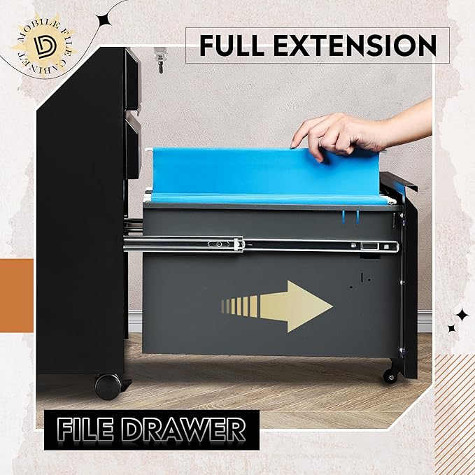 DEVAISE 3 Drawer Mobile File Cabinet Under Desk Office, Fully Assembled Except Casters, Letter/Legal Size, Black