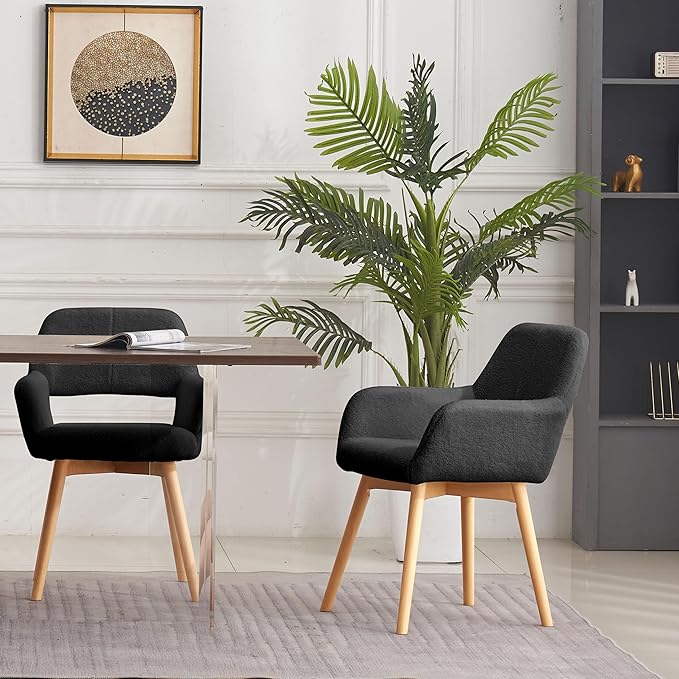 Mid Century Modern Dining Chairs Set of 2 & 4 & 6 Comfy Accent Chair Upholstered Kitchen Dining Living Room Chairs for Bedrooms Waiting Room Home Arm Desk Chair No Wheels (Wool Black, 2)