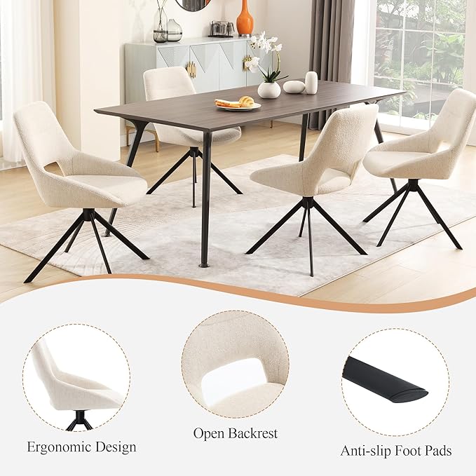 Mid Century Modern Desk Chair No Wheels Set of 1, Linen Fabric Swivel Dining Chair with Metal Legs, Swivel Accent Chair Armchair for Small Spaces, Home Office, Living Room, Bedroom, Beige