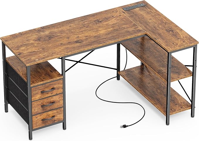 Huuger L Shaped Office Desk with Power Outlets, 47 Inch Computer Desk with 3 Drawers, Shelves, for Gaming, Corner Work, Home Office, Study, Rustic Brown