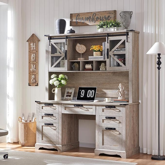 RedLemon 60" Farmhouse Desk with Hutch, Wood Home Office Executive Desk with Drawer, Charging Station, Keyboard Tray, File Drawer, Storage Cabinet, Rustic Writing Computer Desk (Light Rustic Oak)