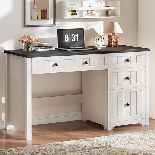 Vabches Farmhouse Executive Desk with 4 Drawers, Home Office Desk with Storage Cabinet and File Drawer, Wood Computer Desk with Storage, Rustic Office Desk for Work Study Writing, Black White