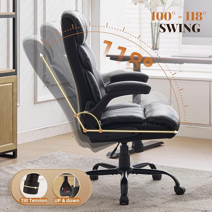 Leather Home Office Chair,500lbs Big and Tall Ergonomic Desk Chair,360°Swivel Free,100°-118°Recline,43"- 47" Height Adjustable,Silent 360° Casters for Home Office Computer Desk