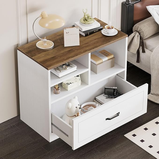 LVB Wood Lateral File Cabinet with Drawer, Wide Filing Cabinet for Letter/Legal/A4/F4 Size, Farmhouse Office Storage File Cabinet Printer Stand with Open Shelf in Home, 32.7 Inch, White and Rustic Oak