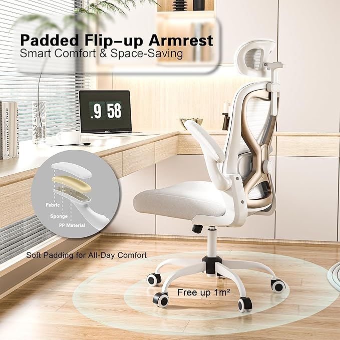 Office Chair for Back & Neck Pain Relief, Virgin Foam Seat, 2D Adjustable Lumbar & 3D Headrest, Flip-Up Armrests, Tilt & Rock for Relaxation, White/Gold