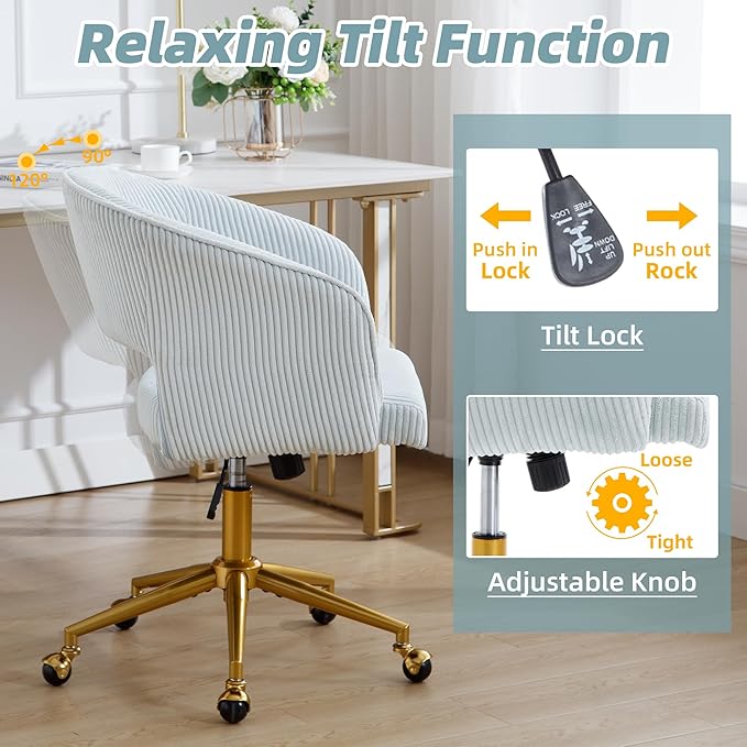 ABET Desk Chair with Wheels, Corduroy Home Office Chair, Swivel Armchair Gold Base, Upholstered Modern Accent Chairs, Back Incline Adjustable for Living Room Bedroom Vanity, Light Blue