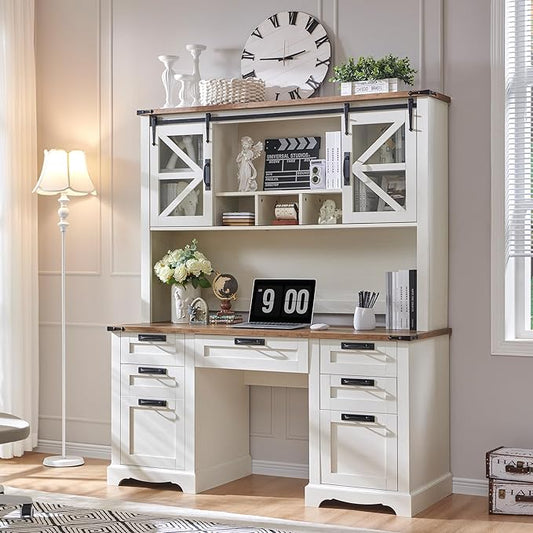 RedLemon 60" Farmhouse Desk with Hutch, Wood Home Office Executive Desk with Drawer, Charging Station, Keyboard Tray, File Drawer, Storage Cabinet, Rustic Writing Computer Desk (Antique White)