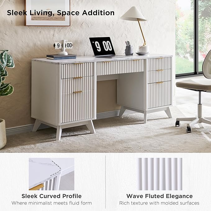 T4TREAM 60'' Fluted Executive Desk with Drawers, Modern Home Office Computer Desk with Charging Station, Keyboard Tray, File Drawer and Storage Cabinet for Study, Living Room, Bedroom, Solid White