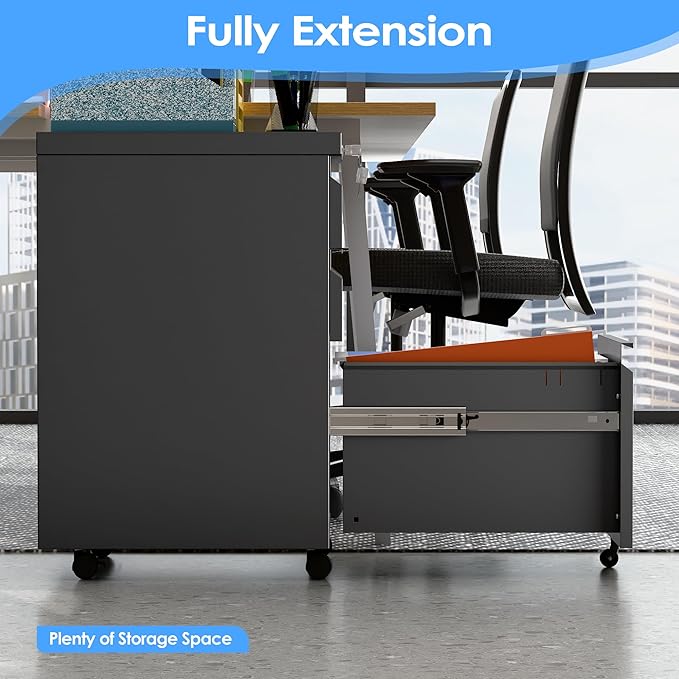 SUXXAN 3 Drawer Under Desk Mobile File Cabinet with Lock, Metal Storage Cabinet for Office & Home, Legal/Letter Size, Fully Assembled Except Wheels, Black