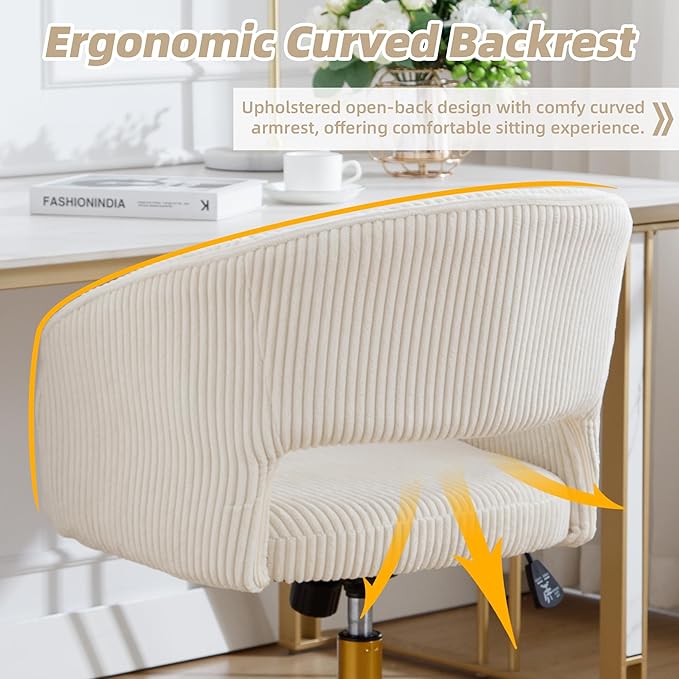 ABET Desk Chair with Wheels, Corduroy Home Office Chair, Swivel Armchair Gold Base, Upholstered Modern Accent Chairs, Back Incline Adjustable for Living Room Bedroom Vanity, Beige