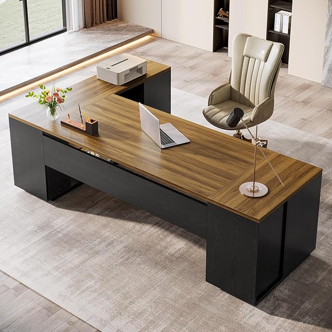 Tribesigns 85.8-Inch L-Shaped Executive Office Desk with File Drawers & Storage Cabinet, Professional Corner Computer Desk Extra Large Business Workstation with Adjustable Shelves (Brown&Black)